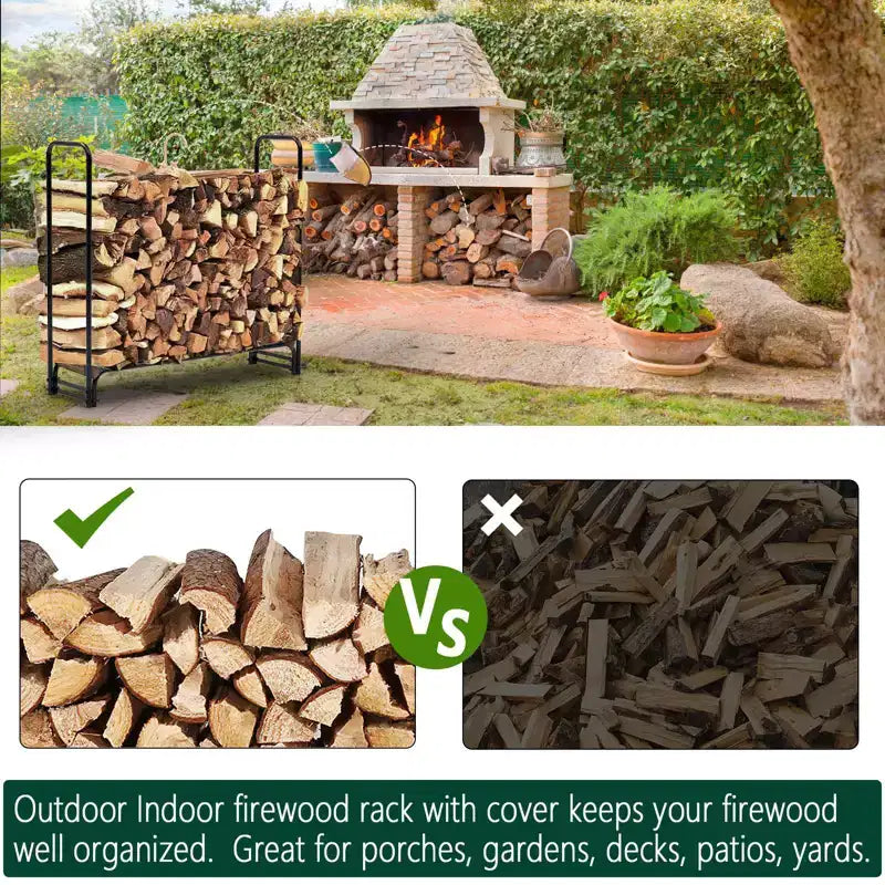 4 FT Premium Outdoor Firewood Rack with Cover, Reinforced Stability, 440 lbs Capacity Wood Holder, Rust-Resistant Steel Tubing, Waterproof Cover