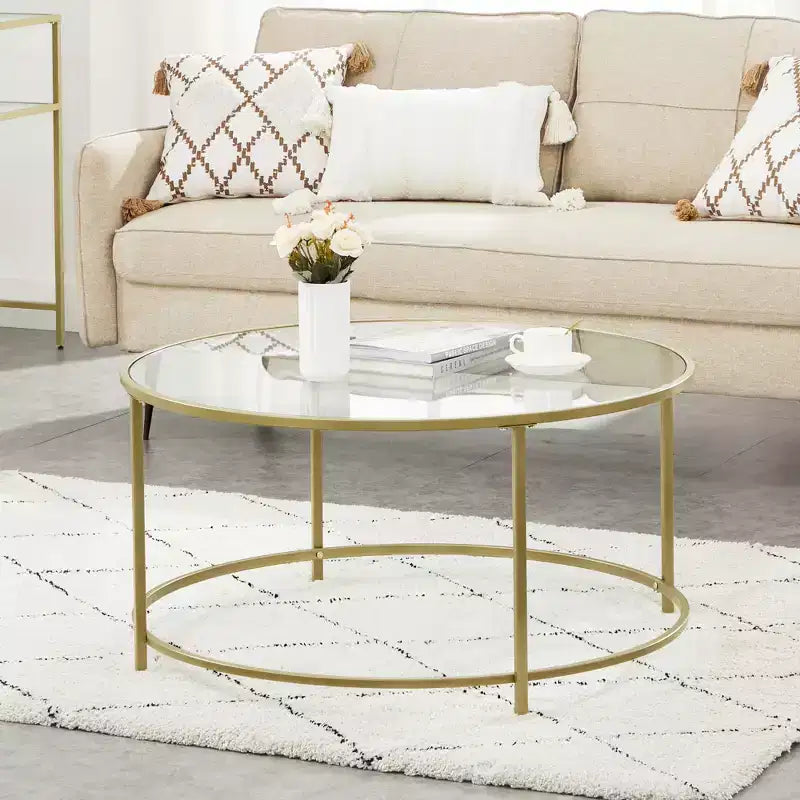 Round Coffee Table, 35.4 Inch Tempered Glass Top with Gold Steel Frame, 154 lb Capacity for Living Room, Gold