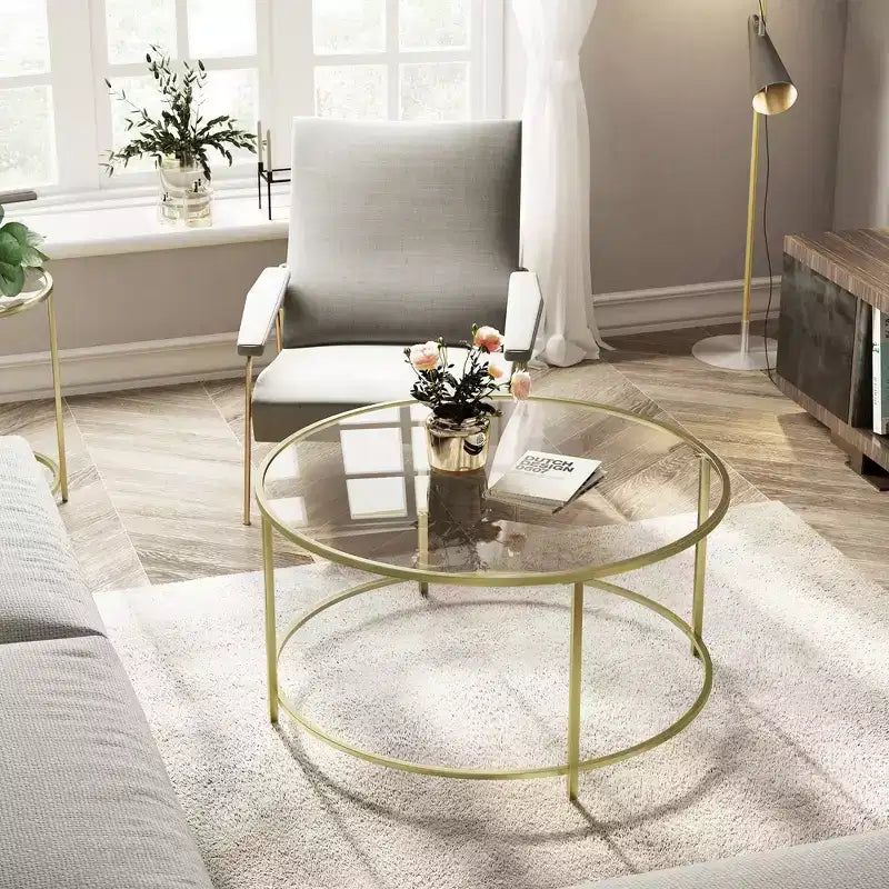 Round Coffee Table, 35.4 Inch Tempered Glass Top with Gold Steel Frame, 154 lb Capacity for Living Room, Gold