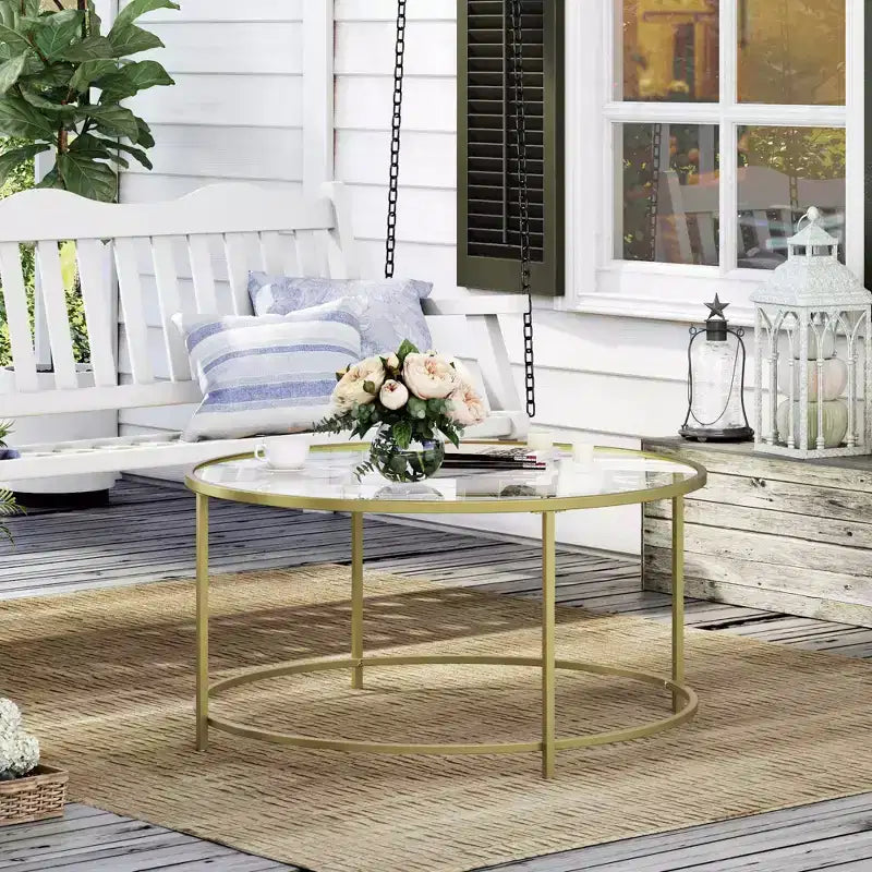 Round Coffee Table, 35.4 Inch Tempered Glass Top with Gold Steel Frame, 154 lb Capacity for Living Room, Gold