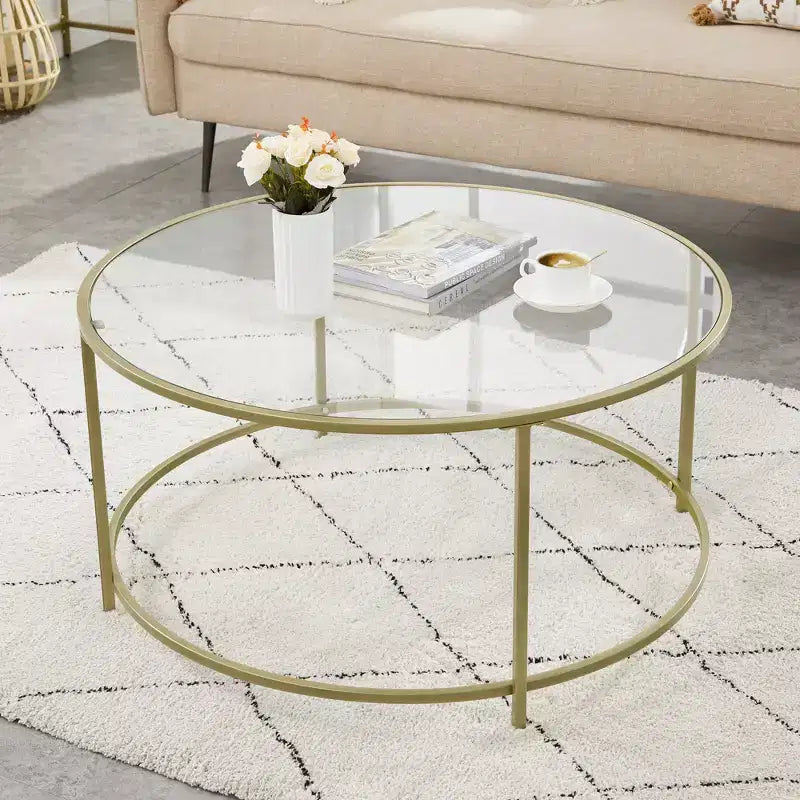 Round Coffee Table, 35.4 Inch Tempered Glass Top with Gold Steel Frame, 154 lb Capacity for Living Room, Gold