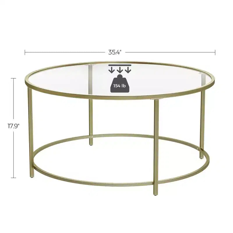 Round Coffee Table, 35.4 Inch Tempered Glass Top with Gold Steel Frame, 154 lb Capacity for Living Room, Gold