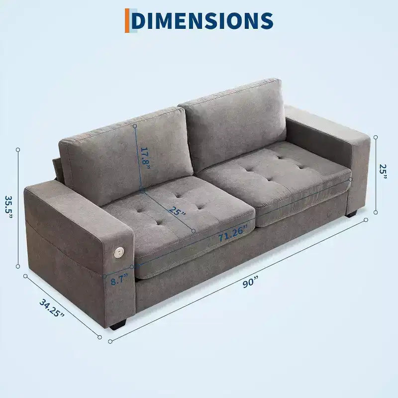 90 Modern Couches for Living Room, Chenille Fabric Loveseat Sofa, Removable Cushion Cover, Side Pocket, Sturdy Wood Frame