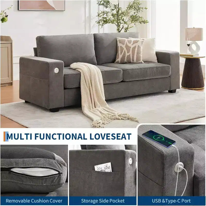 90 Modern Couches for Living Room, Chenille Fabric Loveseat Sofa, Removable Cushion Cover, Side Pocket, Sturdy Wood Frame