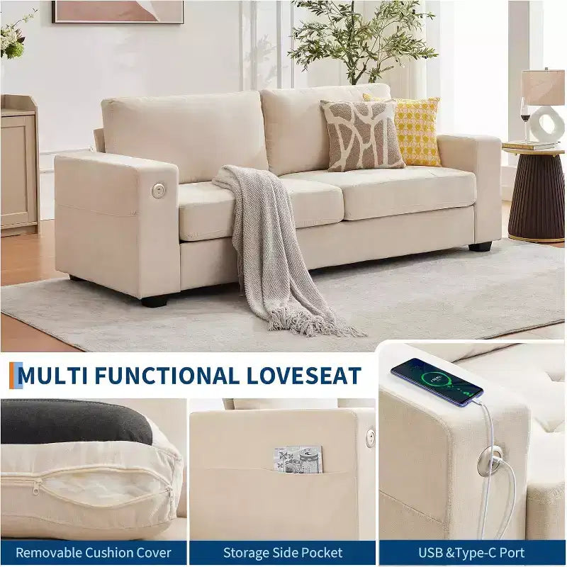 90 Modern Couches for Living Room, Chenille Fabric Loveseat Sofa, Removable Cushion Cover, Side Pocket, Sturdy Wood Frame