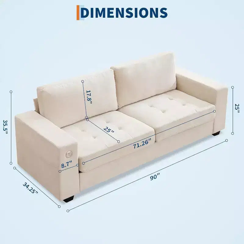 90 Modern Couches for Living Room, Chenille Fabric Loveseat Sofa, Removable Cushion Cover, Side Pocket, Sturdy Wood Frame