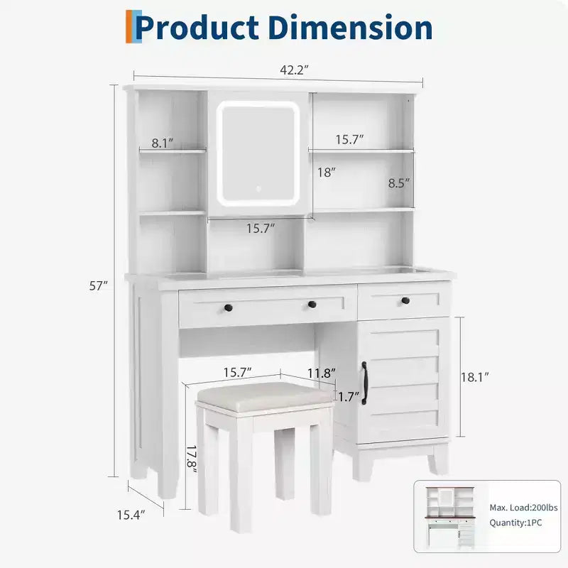 Farmhouse Makeup Vanity Desk with Stool & Lights - 2-Drawer Dressing Table with Mirror & Glass Top for Bedroom