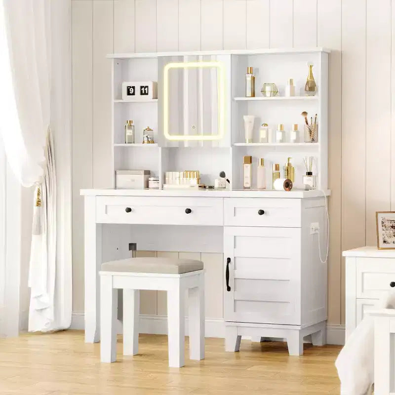 Farmhouse Makeup Vanity Desk with Stool & Lights - 2-Drawer Dressing Table with Mirror & Glass Top for Bedroom