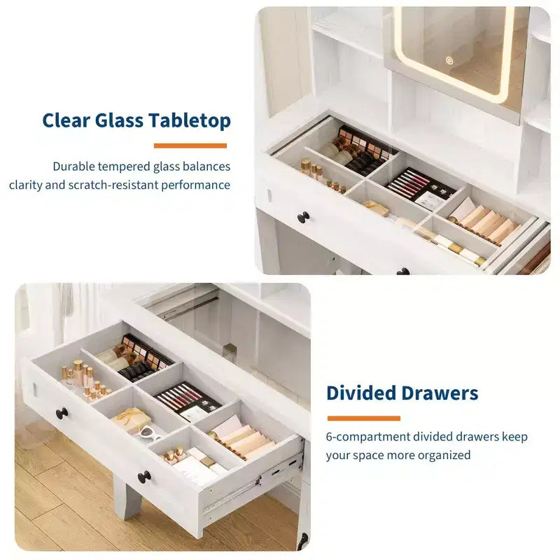 Farmhouse Makeup Vanity Desk with Stool & Lights - 2-Drawer Dressing Table with Mirror & Glass Top for Bedroom