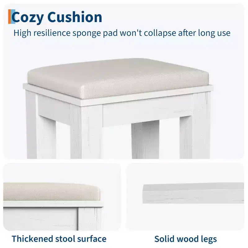 Farmhouse Makeup Vanity Desk with Stool & Lights - 2-Drawer Dressing Table with Mirror & Glass Top for Bedroom
