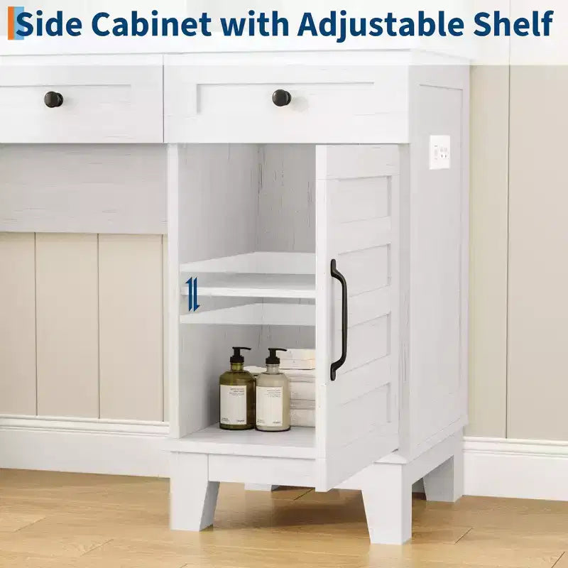Farmhouse Makeup Vanity Desk with Stool & Lights - 2-Drawer Dressing Table with Mirror & Glass Top for Bedroom