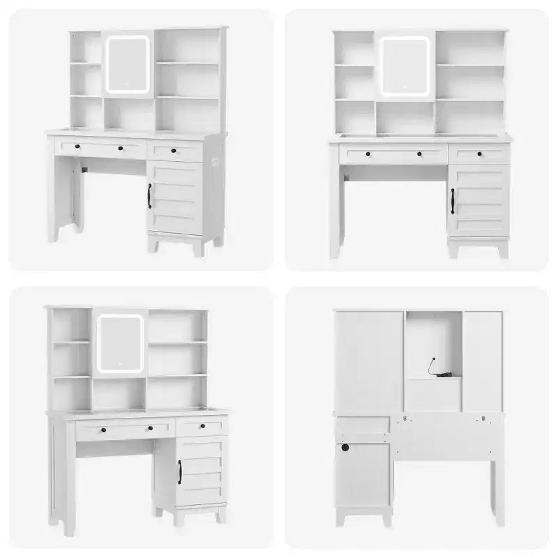 Farmhouse Makeup Vanity Desk with Stool & Lights - 2-Drawer Dressing Table with Mirror & Glass Top for Bedroom
