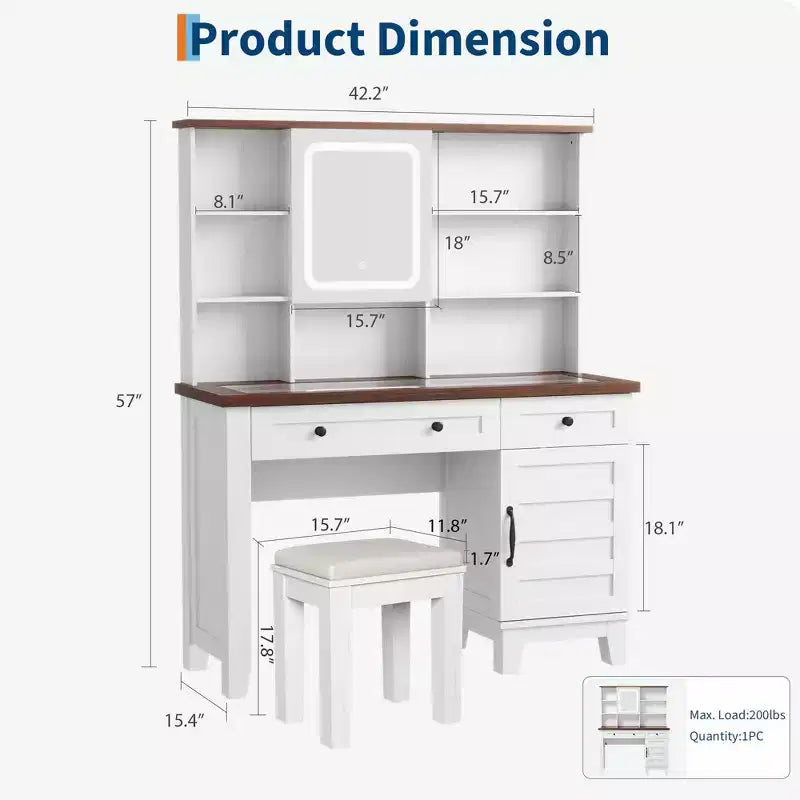 Farmhouse Makeup Vanity Desk with Stool & Lights - 2-Drawer Dressing Table with Mirror & Glass Top for Bedroom