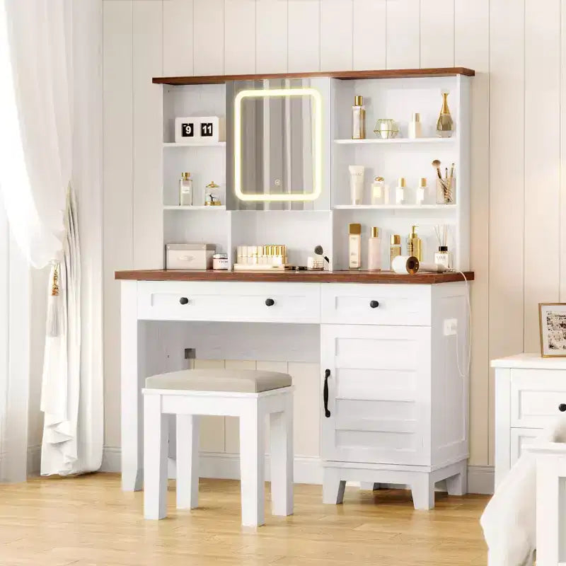 Farmhouse Makeup Vanity Desk with Stool & Lights - 2-Drawer Dressing Table with Mirror & Glass Top for Bedroom