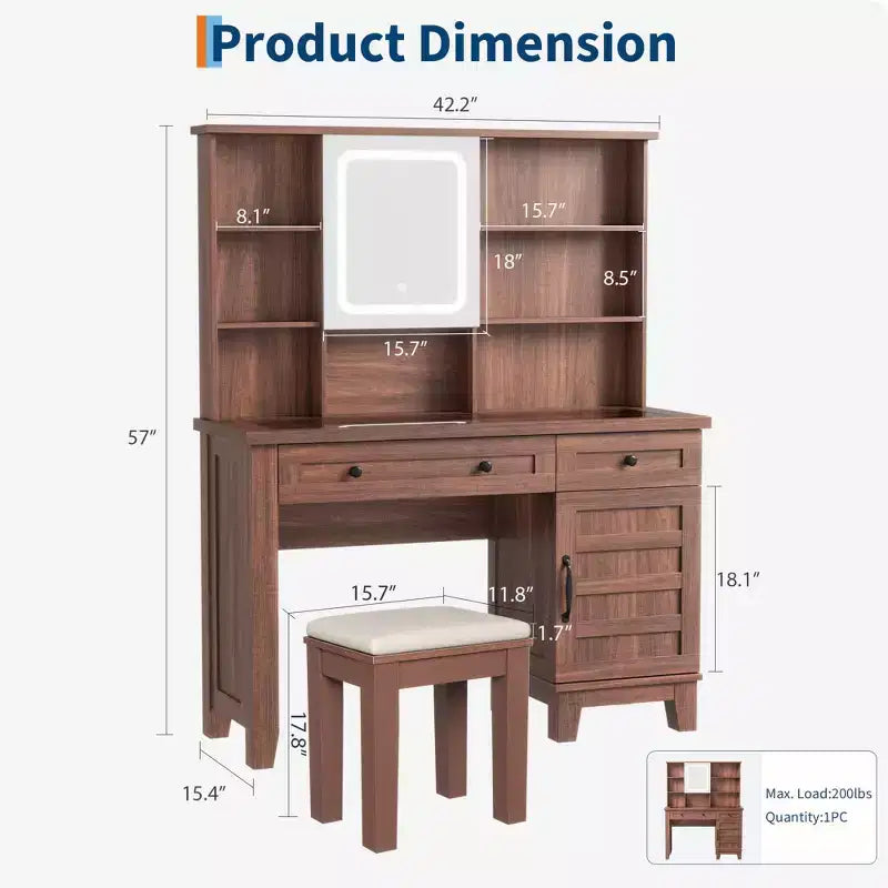 Farmhouse Makeup Vanity Desk with Stool & Lights - 2-Drawer Dressing Table with Mirror & Glass Top for Bedroom