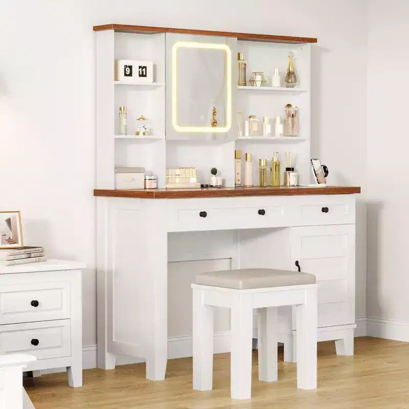 Farmhouse Makeup Vanity Desk with Stool & Lights - 2-Drawer Dressing Table with Mirror & Glass Top for Bedroom