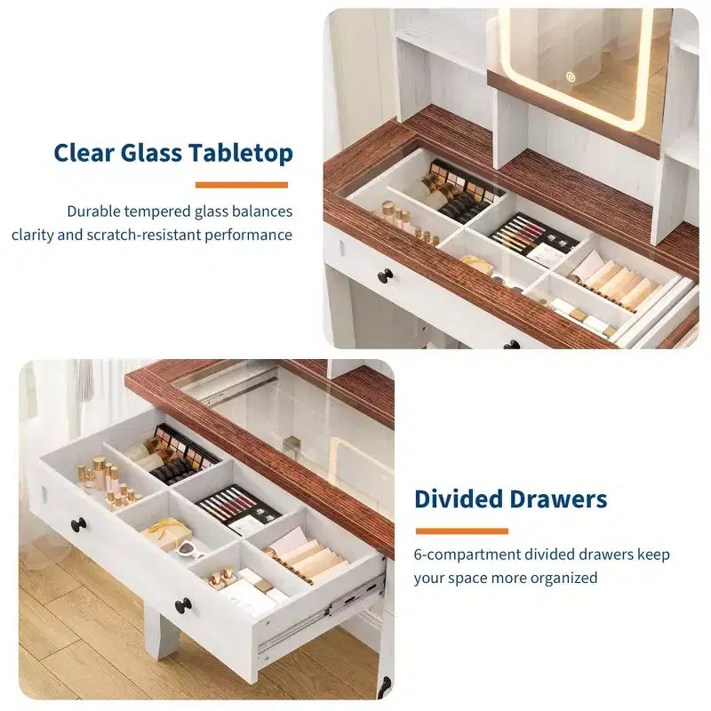 Farmhouse Makeup Vanity Desk with Stool & Lights - 2-Drawer Dressing Table with Mirror & Glass Top for Bedroom