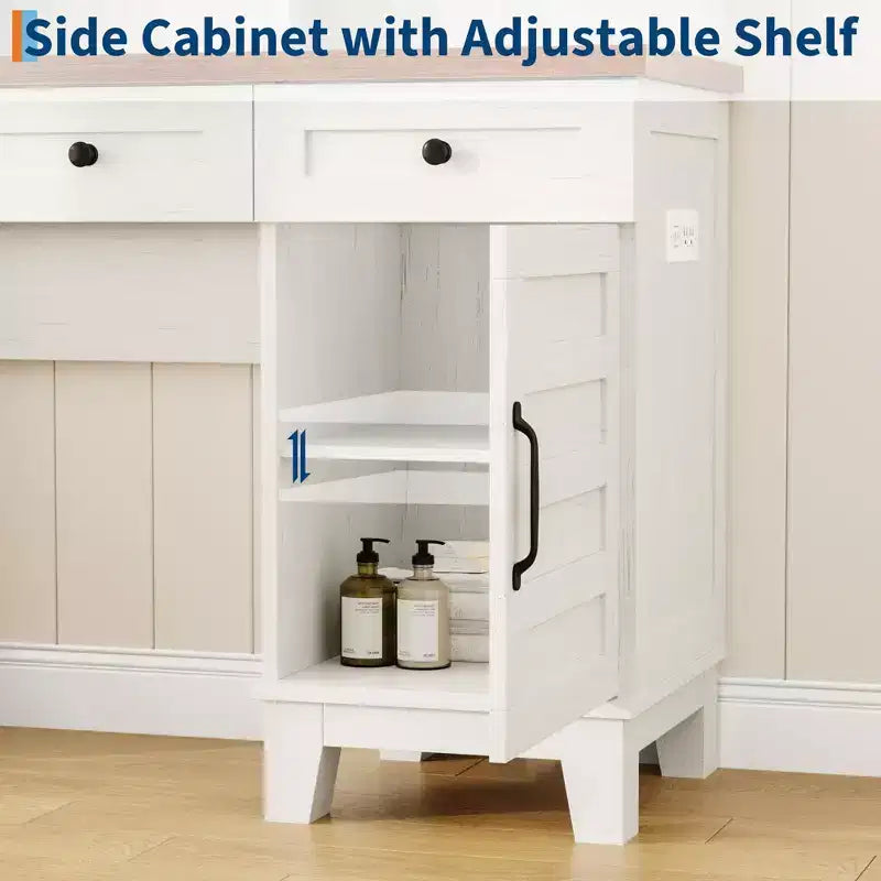 Farmhouse Makeup Vanity Desk with Stool & Lights - 2-Drawer Dressing Table with Mirror & Glass Top for Bedroom