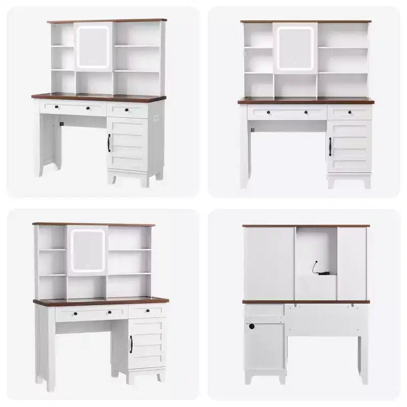 Farmhouse Makeup Vanity Desk with Stool & Lights - 2-Drawer Dressing Table with Mirror & Glass Top for Bedroom