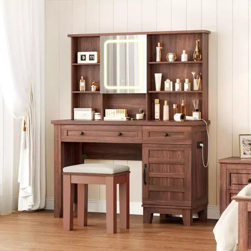 Farmhouse Makeup Vanity Desk with Stool & Lights - 2-Drawer Dressing Table with Mirror & Glass Top for Bedroom