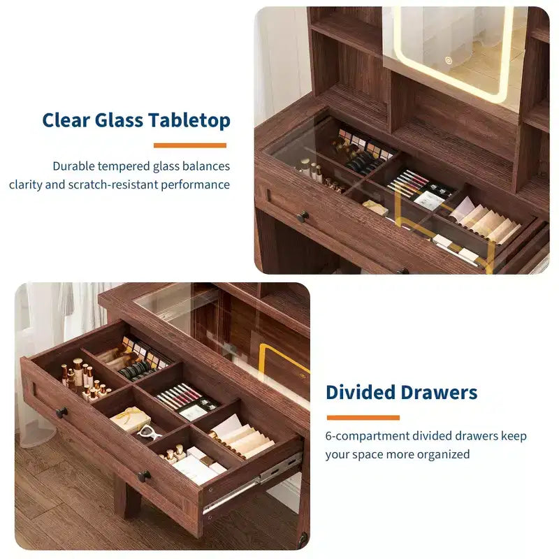 Farmhouse Makeup Vanity Desk with Stool & Lights - 2-Drawer Dressing Table with Mirror & Glass Top for Bedroom