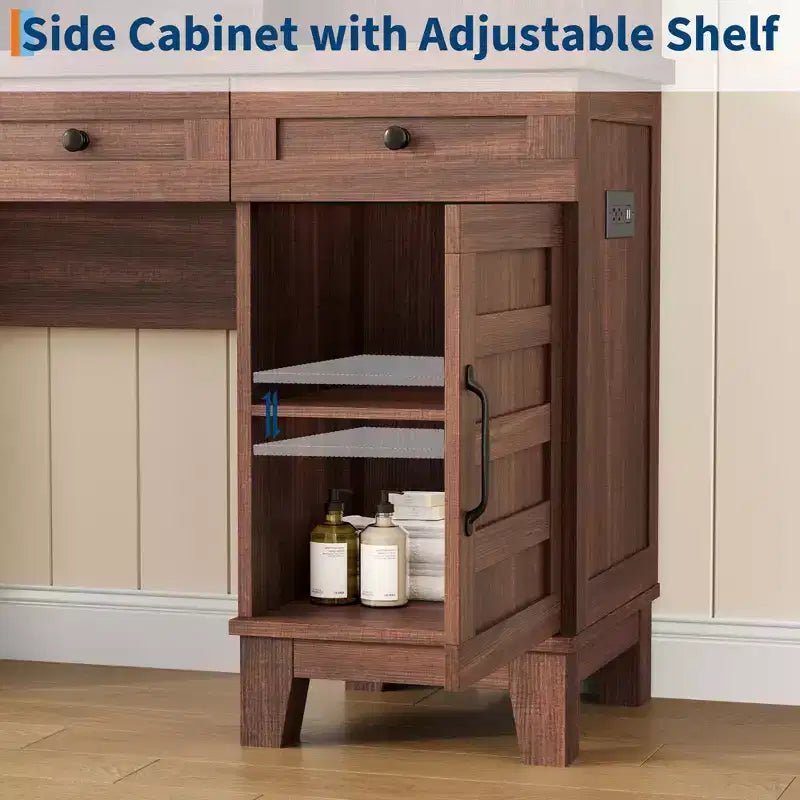 Farmhouse Makeup Vanity Desk with Stool & Lights - 2-Drawer Dressing Table with Mirror & Glass Top for Bedroom