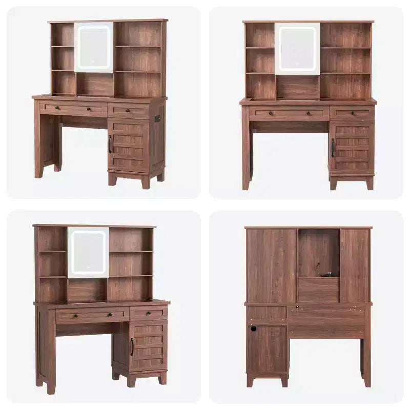Farmhouse Makeup Vanity Desk with Stool & Lights - 2-Drawer Dressing Table with Mirror & Glass Top for Bedroom