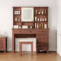 Farmhouse Makeup Vanity Desk with Stool & Lights - 2-Drawer Dressing Table with Mirror & Glass Top for Bedroom