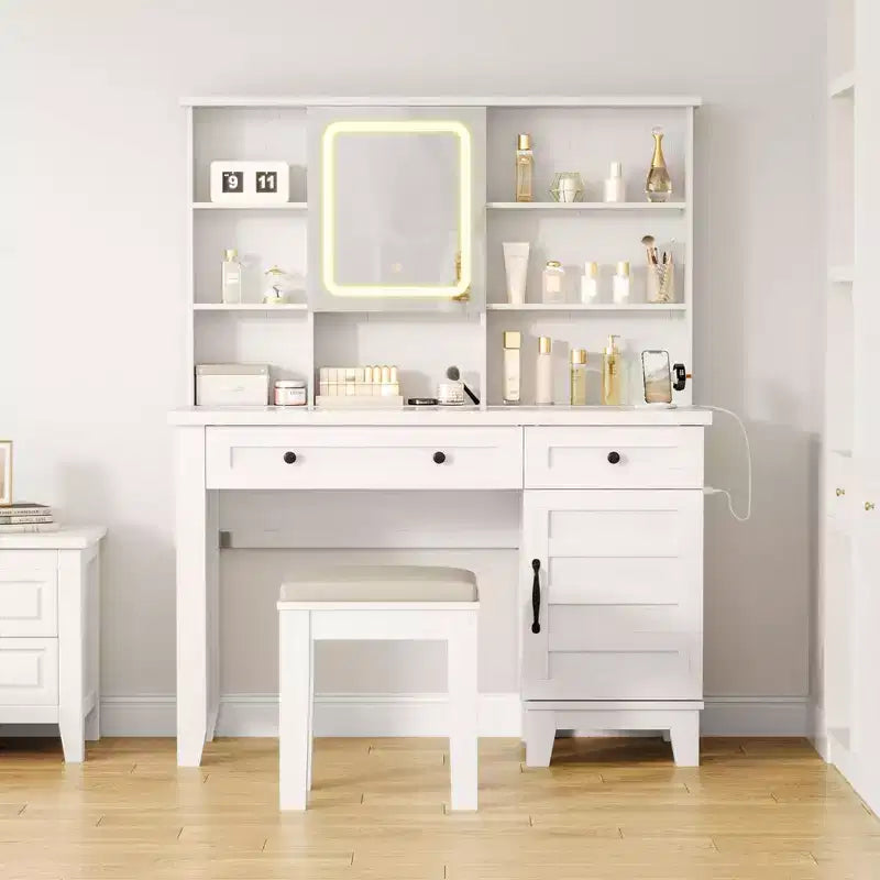 Farmhouse Makeup Vanity Desk with Stool & Lights - 2-Drawer Dressing Table with Mirror & Glass Top for Bedroom