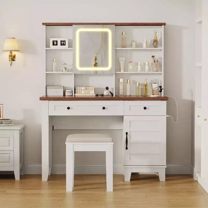 Farmhouse Makeup Vanity Desk with Stool & Lights - 2-Drawer Dressing Table with Mirror & Glass Top for Bedroom