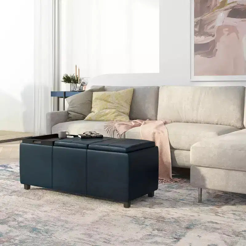 Okak 42IN Wide Storage Ottoman with 3 Flip-Over Serving Trays, Bench with Storage and Child Safety Hinges, End Of Bed Bench for Bedroom