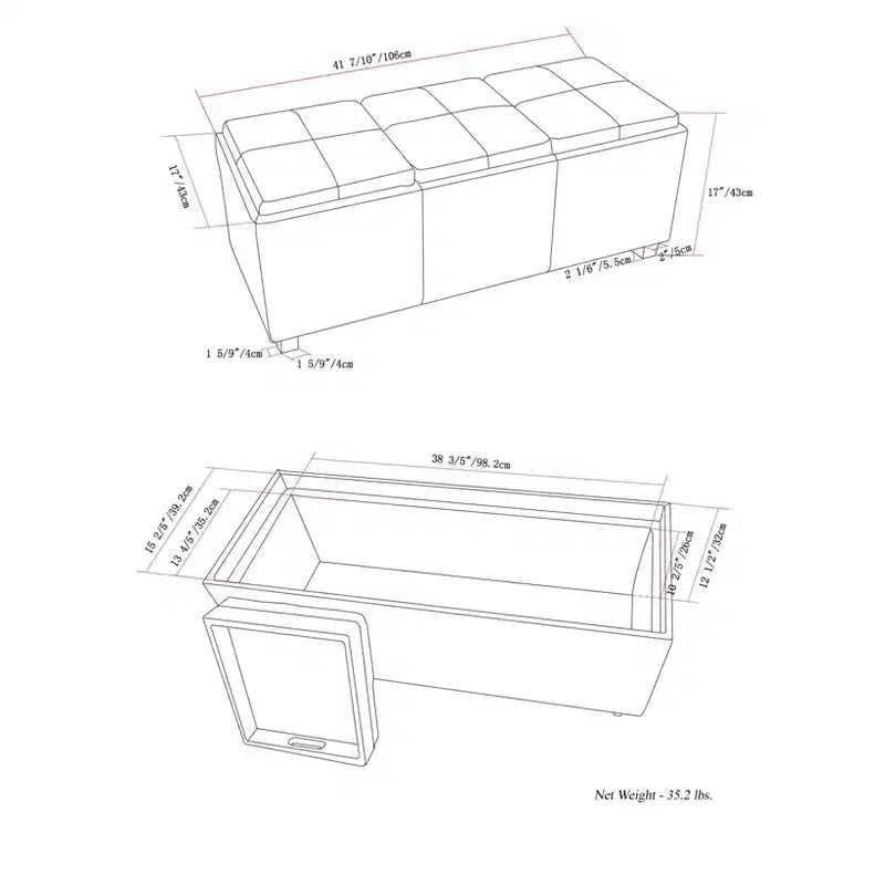 Okak 42IN Wide Storage Ottoman with 3 Flip-Over Serving Trays, Bench with Storage and Child Safety Hinges, End Of Bed Bench for Bedroom