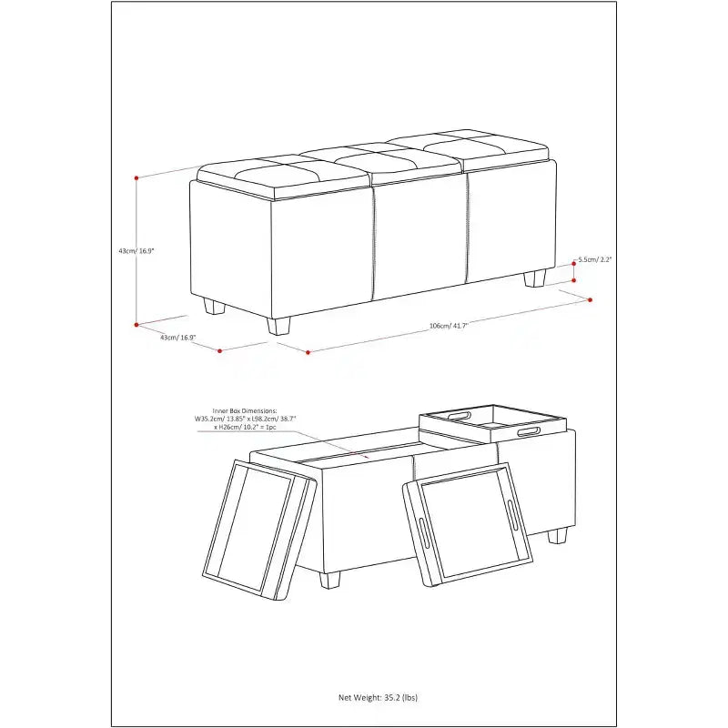 Okak 42IN Wide Storage Ottoman with 3 Flip-Over Serving Trays, Bench with Storage and Child Safety Hinges, End Of Bed Bench for Bedroom