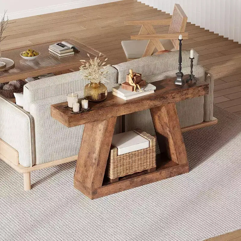 2-Tier Sofa Table with Open Storage Shelves, 55 Inch Farmhouse Narrow Console Table, Industrial Wooden Entryway Table