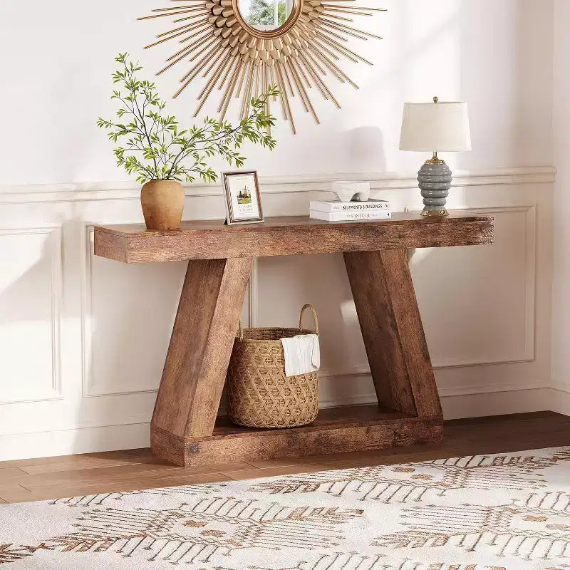 2-Tier Sofa Table with Open Storage Shelves, 55 Inch Farmhouse Narrow Console Table, Industrial Wooden Entryway Table
