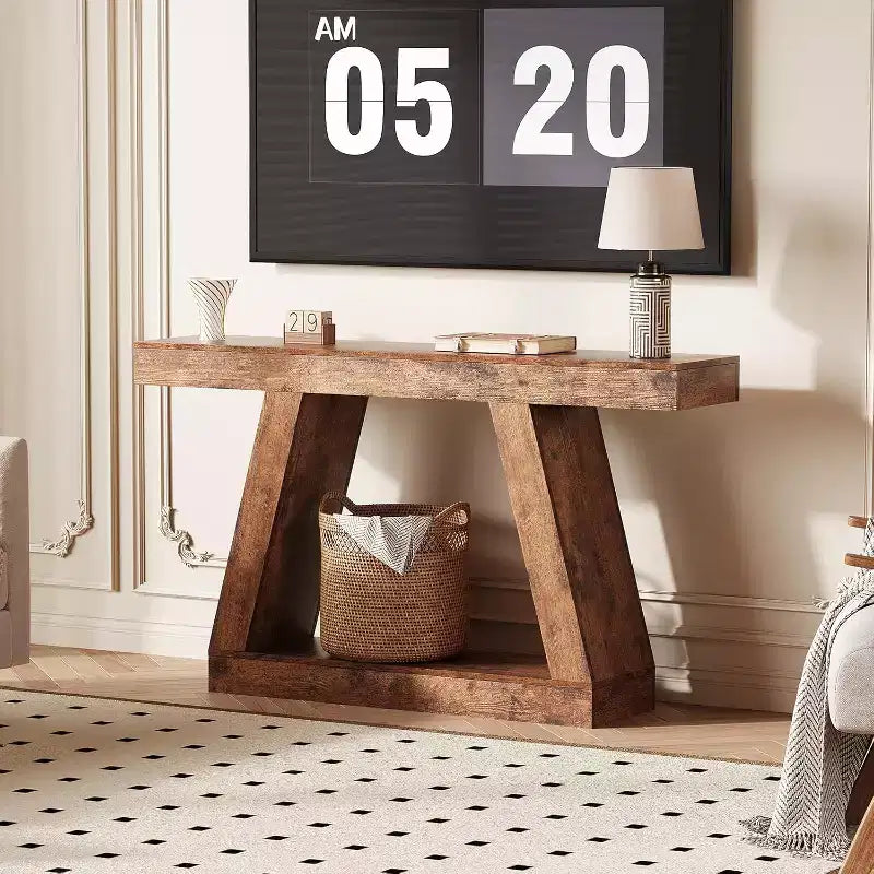 2-Tier Sofa Table with Open Storage Shelves, 55 Inch Farmhouse Narrow Console Table, Industrial Wooden Entryway Table