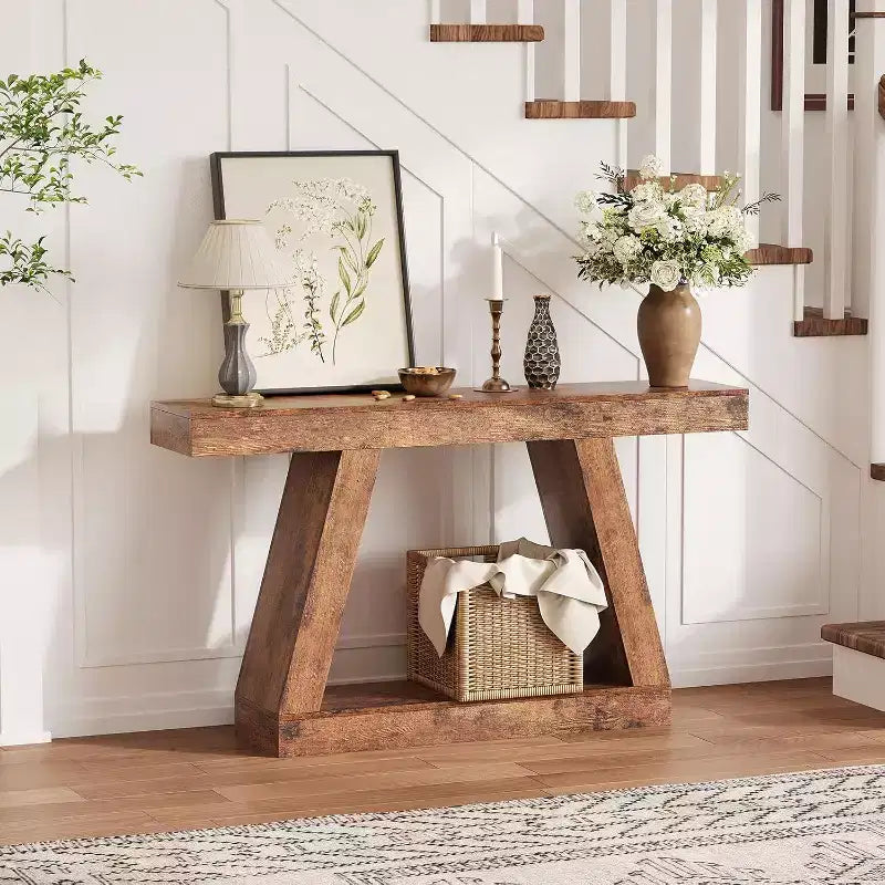 2-Tier Sofa Table with Open Storage Shelves, 55 Inch Farmhouse Narrow Console Table, Industrial Wooden Entryway Table