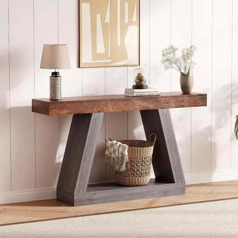 2-Tier Sofa Table with Open Storage Shelves, 55 Inch Farmhouse Narrow Console Table, Industrial Wooden Entryway Table