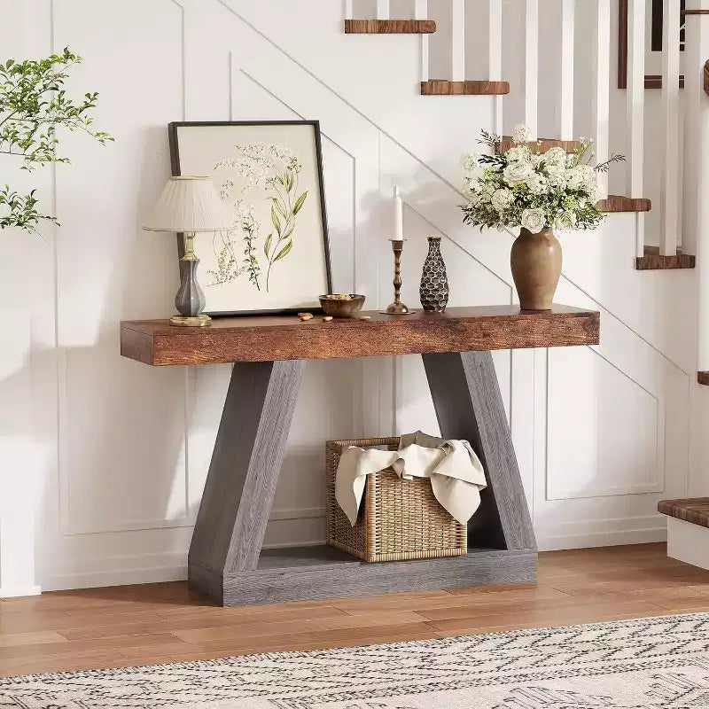 2-Tier Sofa Table with Open Storage Shelves, 55 Inch Farmhouse Narrow Console Table, Industrial Wooden Entryway Table