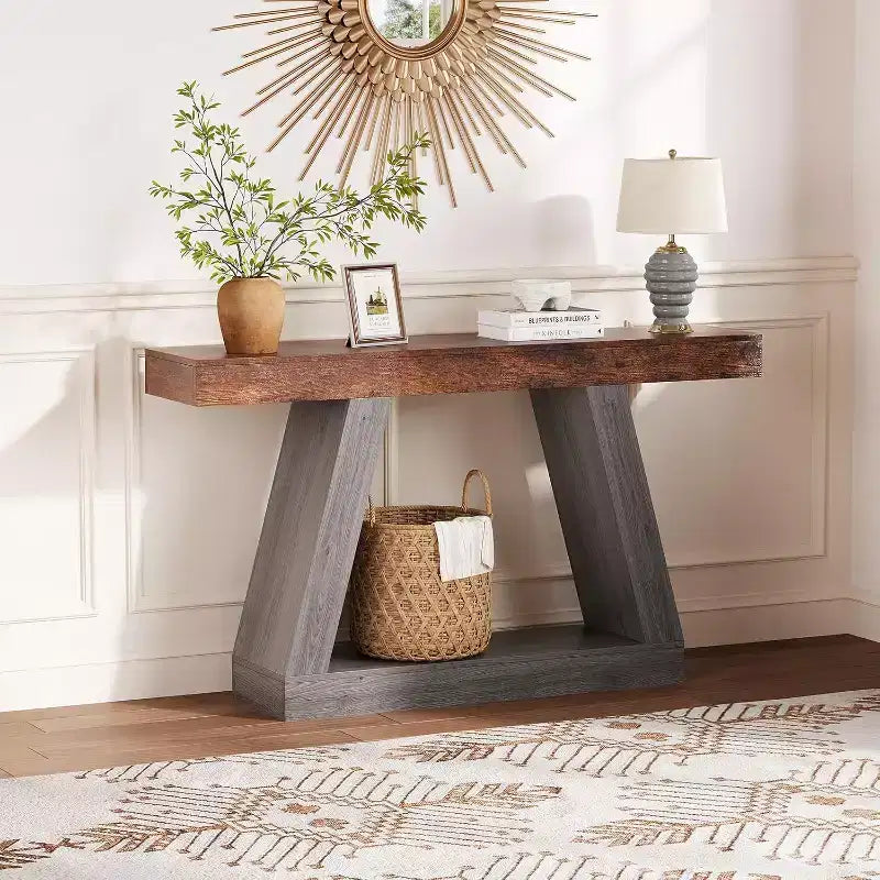 2-Tier Sofa Table with Open Storage Shelves, 55 Inch Farmhouse Narrow Console Table, Industrial Wooden Entryway Table