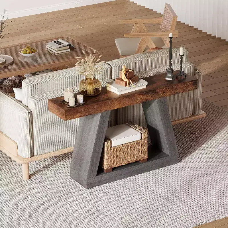 2-Tier Sofa Table with Open Storage Shelves, 55 Inch Farmhouse Narrow Console Table, Industrial Wooden Entryway Table