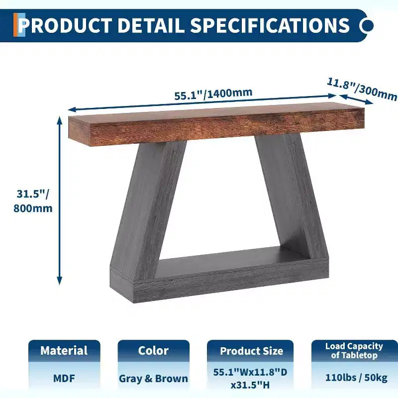 2-Tier Sofa Table with Open Storage Shelves, 55 Inch Farmhouse Narrow Console Table, Industrial Wooden Entryway Table