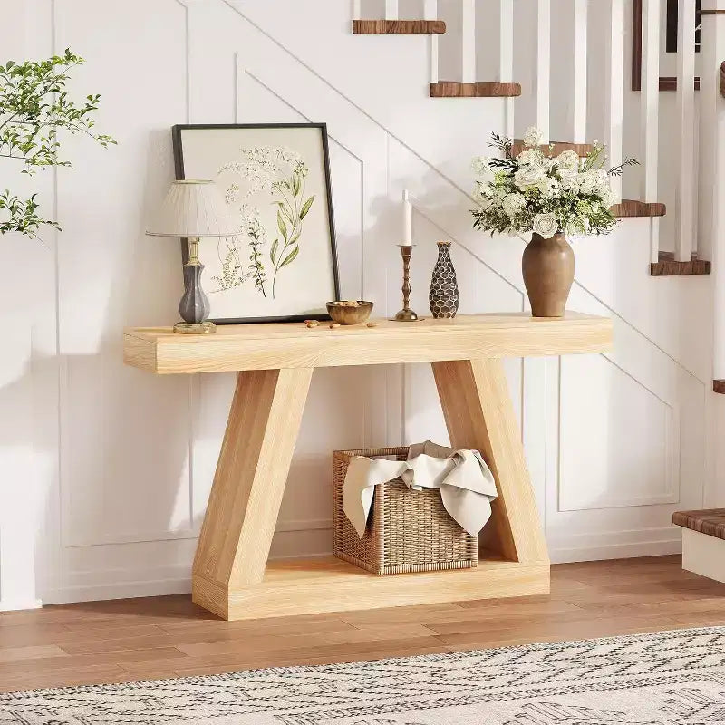 2-Tier Sofa Table with Open Storage Shelves, 55 Inch Farmhouse Narrow Console Table, Industrial Wooden Entryway Table