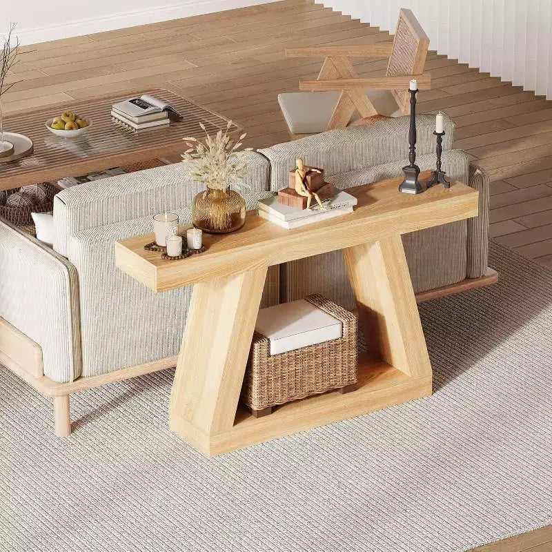 2-Tier Sofa Table with Open Storage Shelves, 55 Inch Farmhouse Narrow Console Table, Industrial Wooden Entryway Table