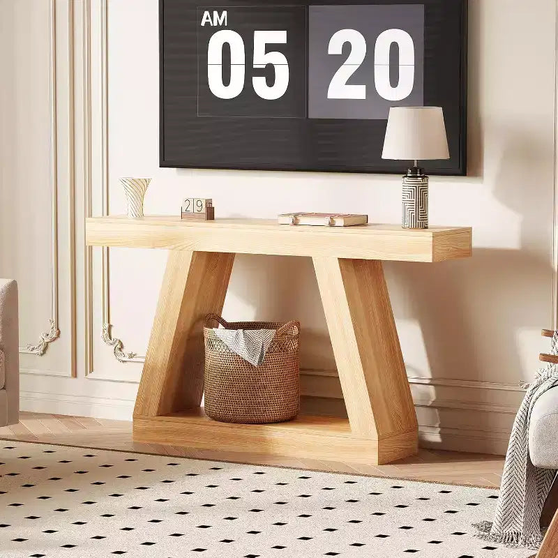 2-Tier Sofa Table with Open Storage Shelves, 55 Inch Farmhouse Narrow Console Table, Industrial Wooden Entryway Table