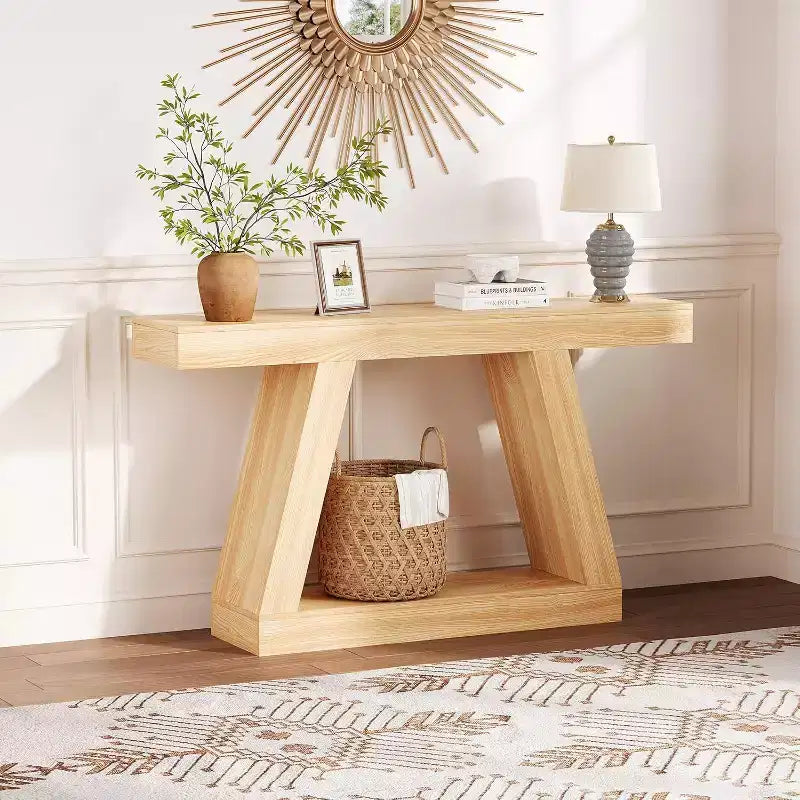 2-Tier Sofa Table with Open Storage Shelves, 55 Inch Farmhouse Narrow Console Table, Industrial Wooden Entryway Table
