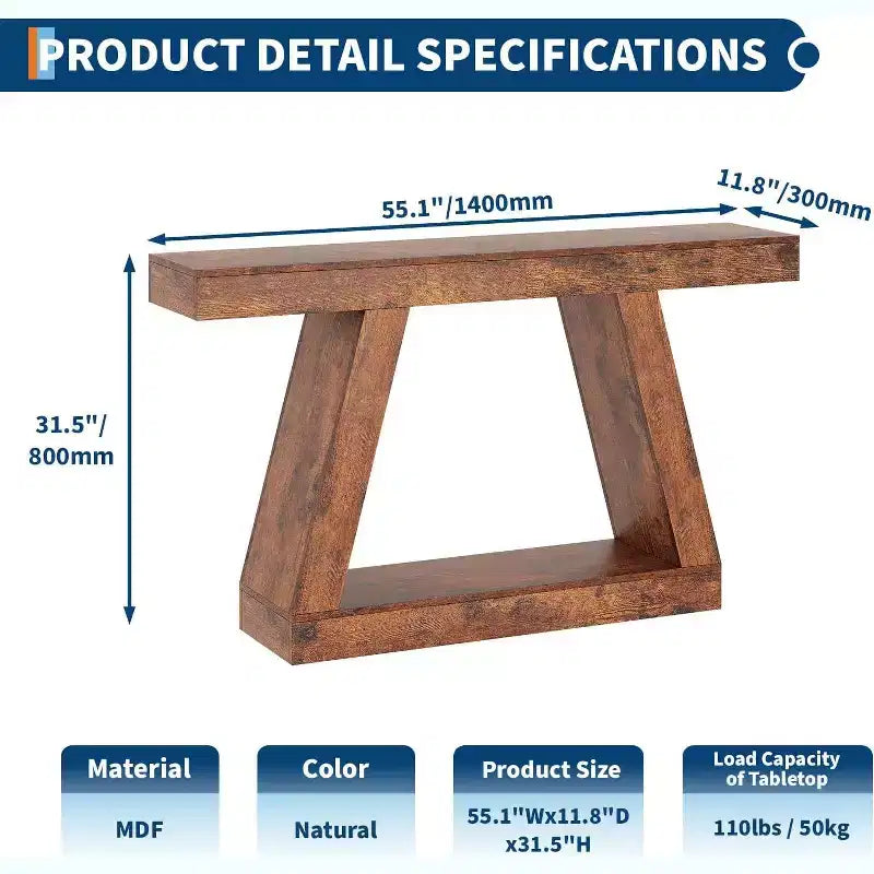 2-Tier Sofa Table with Open Storage Shelves, 55 Inch Farmhouse Narrow Console Table, Industrial Wooden Entryway Table
