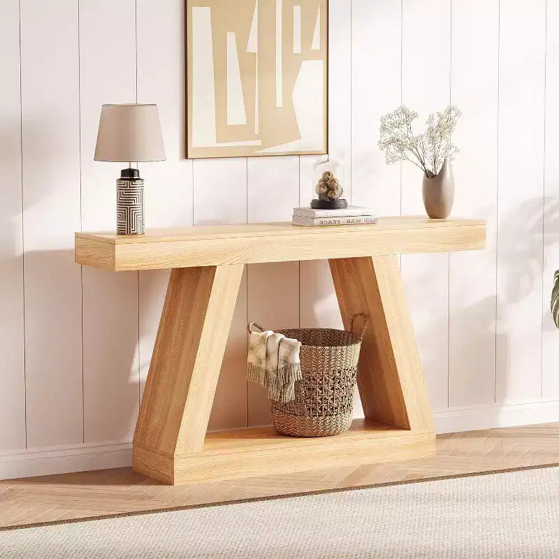 2-Tier Sofa Table with Open Storage Shelves, 55 Inch Farmhouse Narrow Console Table, Industrial Wooden Entryway Table