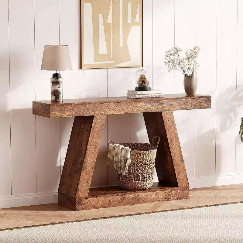 2-Tier Sofa Table with Open Storage Shelves, 55 Inch Farmhouse Narrow Console Table, Industrial Wooden Entryway Table