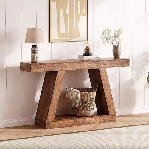 2-Tier Sofa Table with Open Storage Shelves, 55 Inch Farmhouse Narrow Console Table, Industrial Wooden Entryway Table